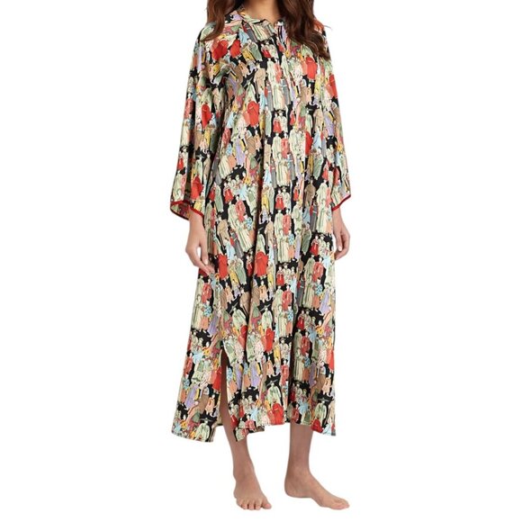 Natori Dynasty Mandarin Zip Caftan Dress XXL Art To Wear Loungewear Resort Wear - Picture 2 of 14